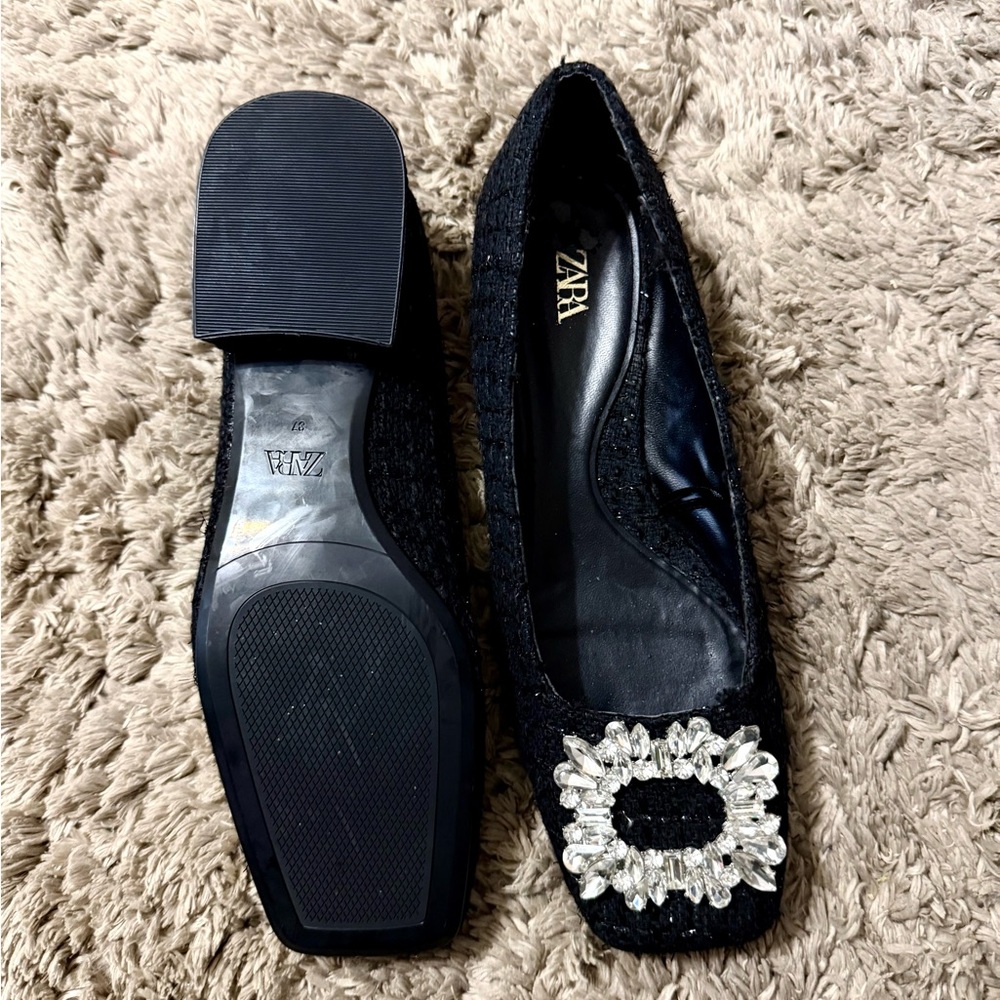 Square toe embellished fabric ballet flats Zara 37 - Picture 3 of 6